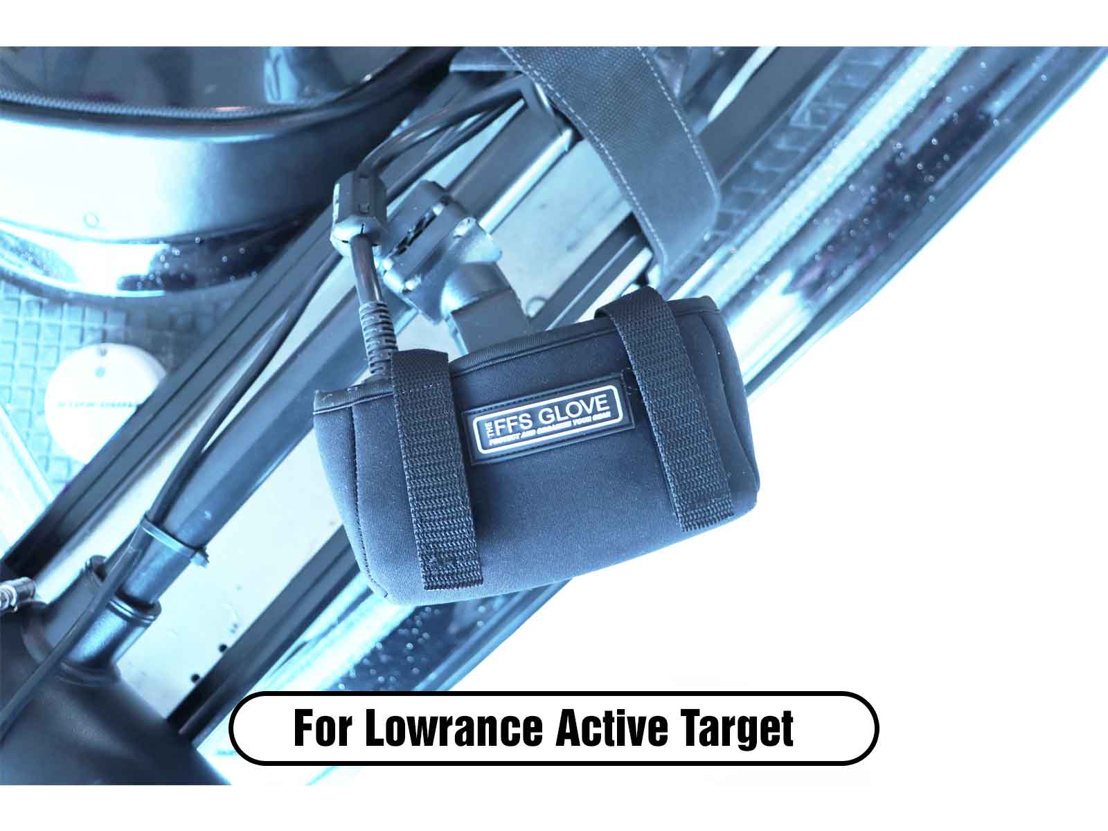 Neoprene strap-on cover for the protection of the Lowrance Active Target Transducer